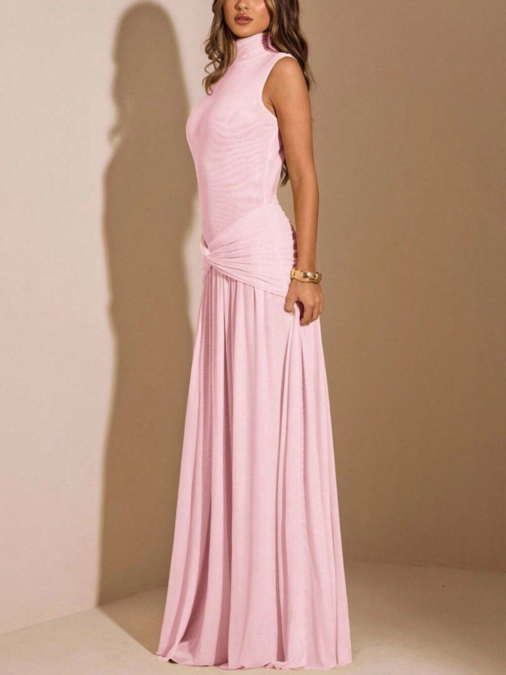 Pink Elegant Women's Maxi Sleeveless Turtleneck Bodycon Dress - Picture 4 of 7